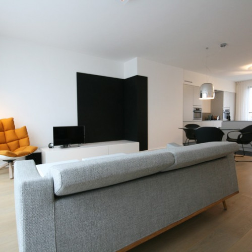 In deze woonkamer zorgden we voor een hele aankleding. Voor het tv-meubel zorgden we voor een fijn contrast tussen de witte kast met laden en valdeur voor de hifi. Mede door het gebruik van de zwarte achtergrondplaat en de gelijke hoogtes zorgden we voor één geheel. Kast-ID Antwerpen